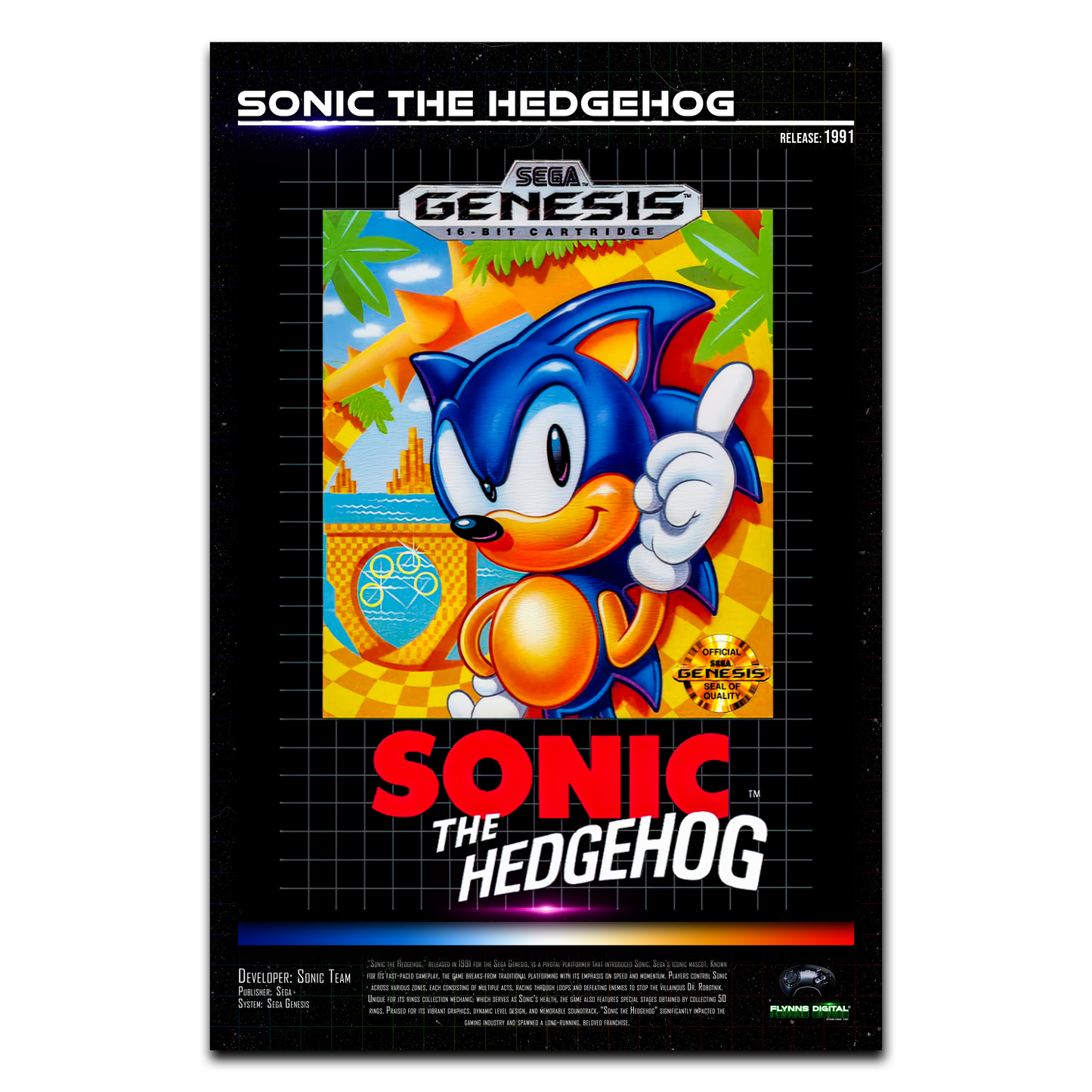 Sonic the Hedgehog SEGA Genesis Cover Art Gaming Poster